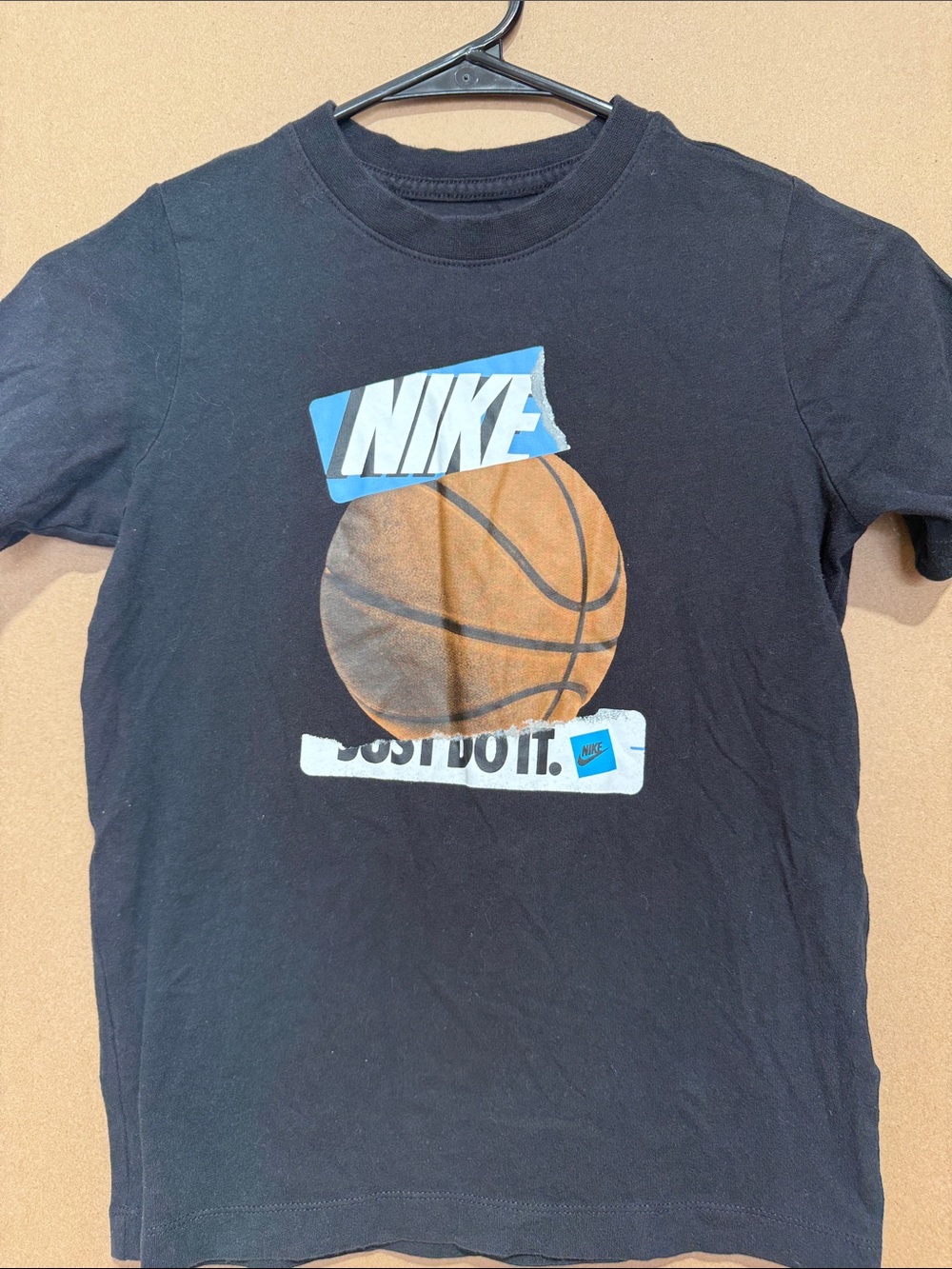 Nike Black Tee with Blue Logo and Brown Basketball Graphic